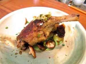Cole's braised duck leg, pickled and roasted shiitake, green curry, root beer gastrique, potato, tomatillo and shallot relish.